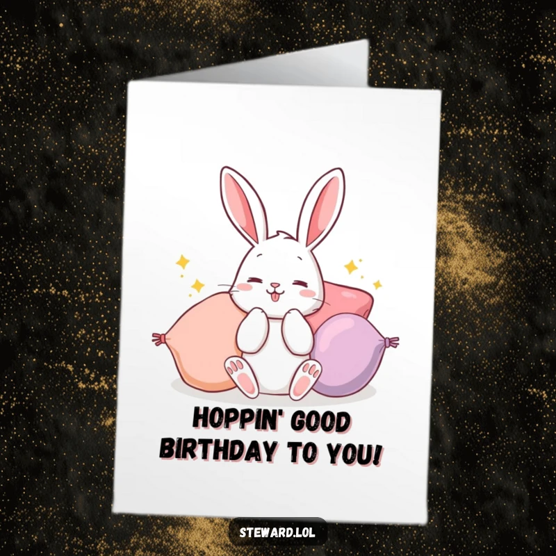 Funny Free Printable Birthday Card: A playful bunny is diligently fluffing vibrant, colorful cushions, creating a cozy birthday scene.