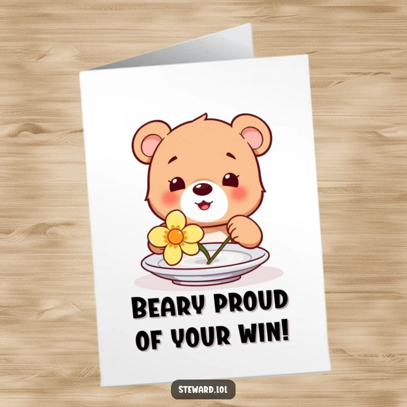 Funny Free Printable Congratulations Card: A happy bear cub proudly places a single flower onto a plate, celebrating success.