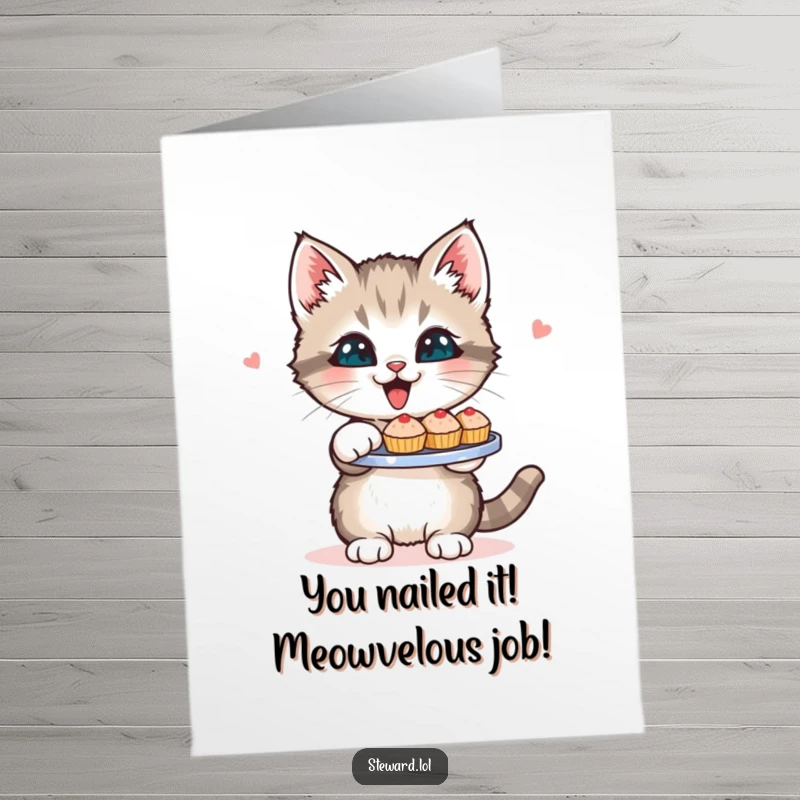 Funny Free Printable Congratulations Card: A cute kitten zealously presenting a tray of tiny, delicious delights to celebrate a milestone.