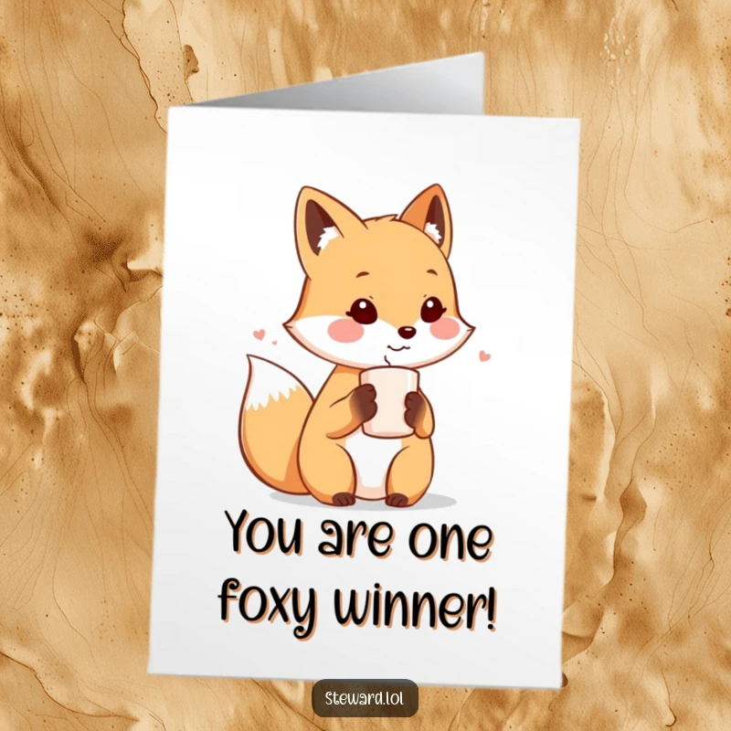 Funny Free Printable Congratulations Card: A cute fox character serves a warm beverage with a friendly smile, celebrating a milestone.