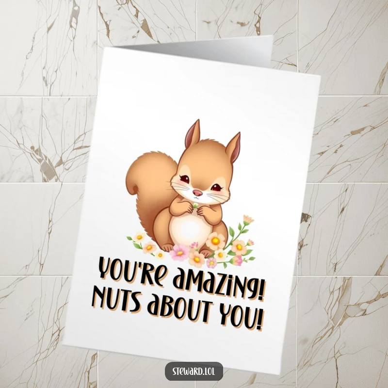 Funny Free Printable Congratulations Card: A charming squirrel attentively arranging a collection of small, exquisite flowers to mark a special occasion.