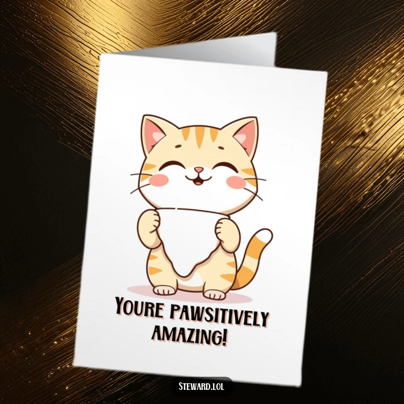 Funny Free Printable Congratulations Card: A smiling cat character primly adjusts its napkin, celebrating a sophisticated success.