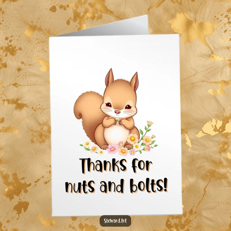 Funny Free Printable Thank You Card: A charming squirrel diligently arranging tiny, delicate flowers to convey sincere appreciation and gratitude.