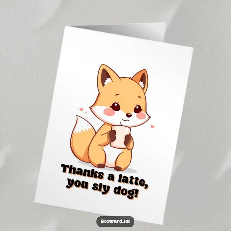 Funny Free Printable Thank You Card: A cute fox character offers a steaming cup of warm beverage to express gratitude.