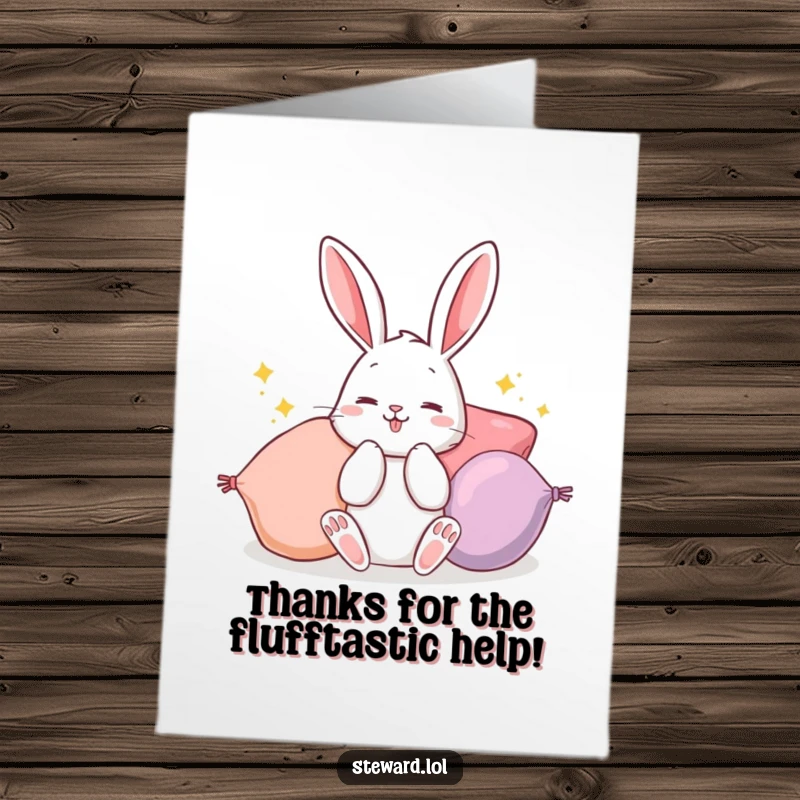 Funny Free Printable Thank You Card: A playful bunny is enthusiastically fluffing soft, colorful cushions, offering a warm thank you.