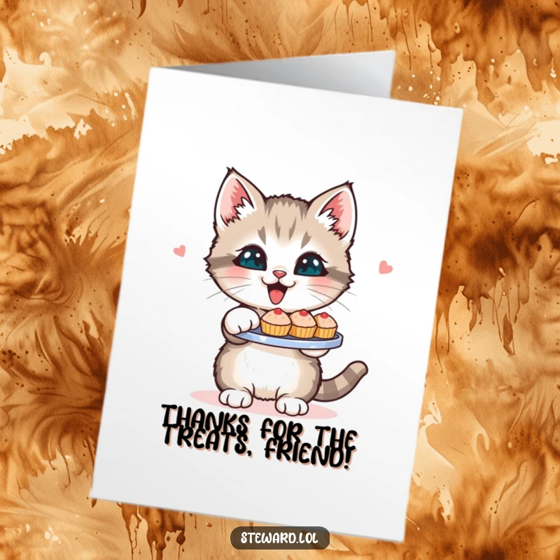 Funny Free Printable Thank You Card: A cute kitten proudly serves a tray of small, delightful goodies, expressing thanks with a happy expression.