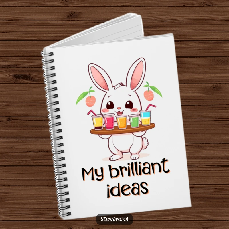 Funny cheerful rabbit notebook, serving colorful drinks, ideal for writing and brainstorming with cute animal humor, a funny gift.