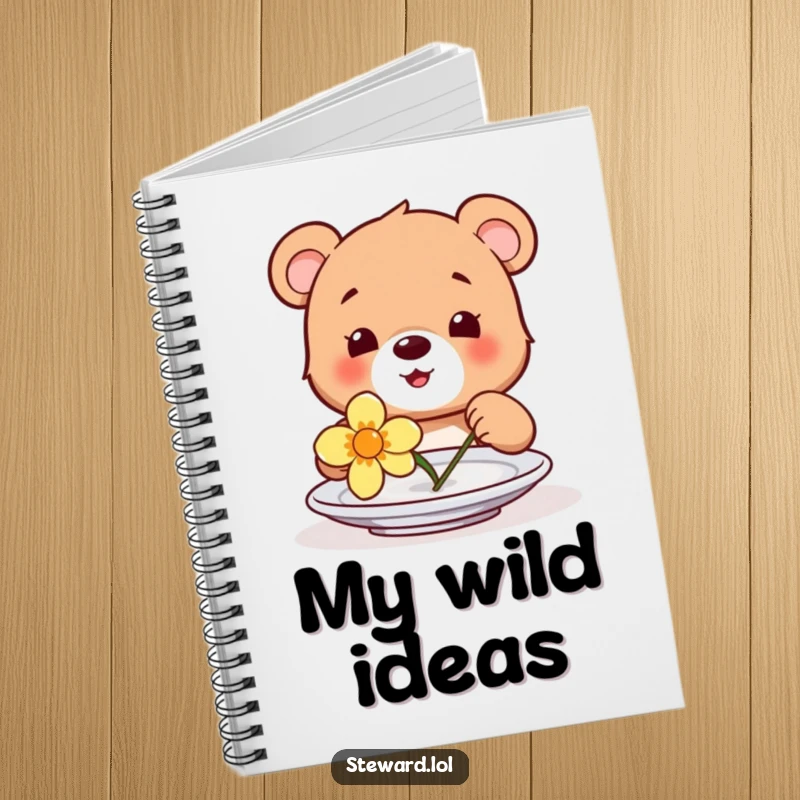 Funny notebook featuring a happy bear cub placing a flower on a plate, symbolizing gentle thoughts and sweet creativity.