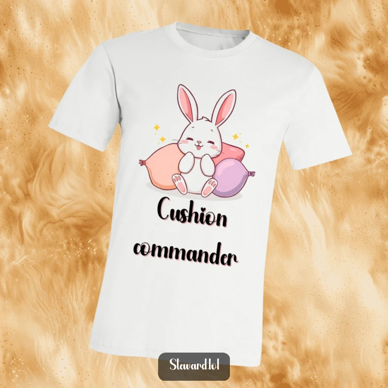 Funny Bunny T-Shirt: A fluffy rabbit gleefully rearranging vibrant, soft cushions, embodying pure playful energy and making a great funny gift.