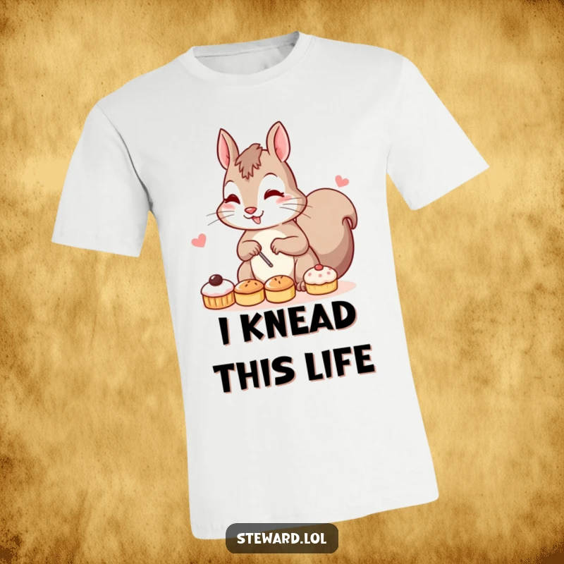 Funny t-shirt showcasing a determined squirrel character expertly arranging a spread of miniature pastries, conveying a sense of humorous dedication to baking.