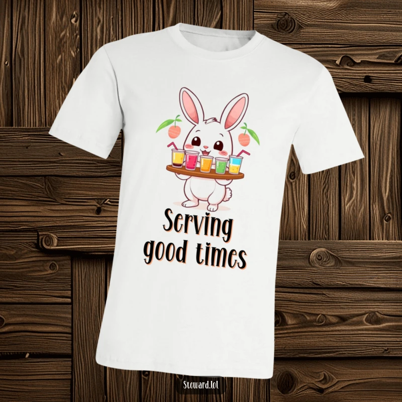 Funny cheerful rabbit t-shirt, serving colorful drinks from a tray, ideal for a fun outfit and as a humorous funny gift.