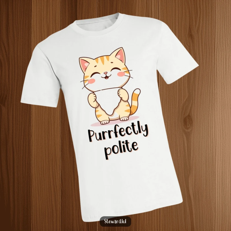 Funny playful cat t-shirt, adjusting a napkin with a warm smile, ideal for a charming outfit and as a humorous funny gift.