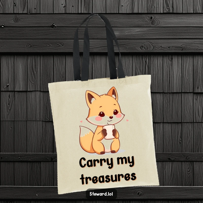Funny tote bag illustrating a cute fox character offering a warm beverage to a visitor, highlighting its friendly and welcoming nature.