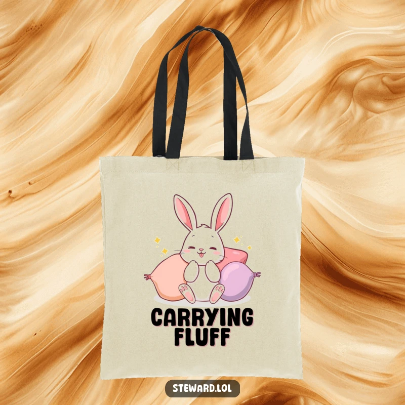 Funny Bunny Tote Bag: A charming tote bag featuring a busy rabbit rearranging soft, colorful cushions, perfect for carrying items with a smile.