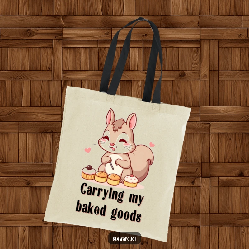 Funny tote bag illustrating a determined squirrel character efficiently arranging an array of small pastries, highlighting its humorous dedication and carrying capacity.